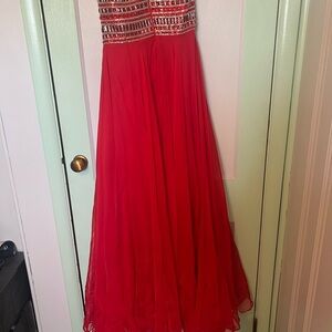 Elegant Red Gown with Sequin Bodice